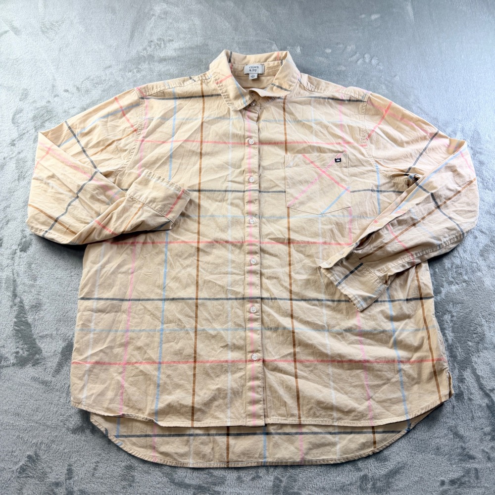 Crown & Ivy Tan Plaid Button Down Shirt Women's XL Long Sleeve Pink Blue
